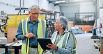 People, engineer and meeting with tablet at factory for planning, supply chain and inventory management. Mature staff, team and digital for manufacturing, logistics feedback and production checklist
