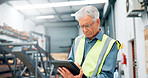 Man, engineer and tablet in factory for automation, distribution schedule and task checklist. Mature operator, tech and reading in warehouse for inspection notes, industrial plant and manufacturing