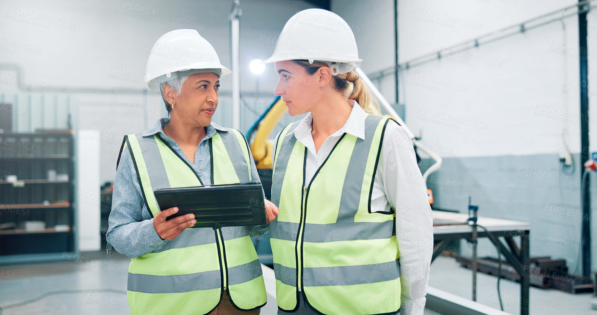 Buy stock photo People, robotics and teamwork in factory, tablet and conversation with online schedule. Employees, engineering and women with inspection, tech and meeting with app, design review or software update