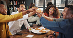 Restaurant, happy and friends cheers with pizza for social gathering, event and party. Diner, smile and group of men and women with fast food, slice and meal for birthday, celebration and weekend fun