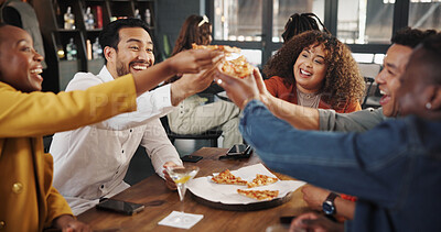 Buy stock photo Restaurant, happy and friends cheers with pizza for social gathering, event and party. Diner, smile and group of men and women with fast food, slice and meal for birthday, celebration and weekend fun