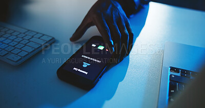 Buy stock photo Incoming call, phone screen and hand with unknown number communication icon for phishing scam contact. Mobile connection, night and hacker with digital graphic, user and technology for anonymous ID