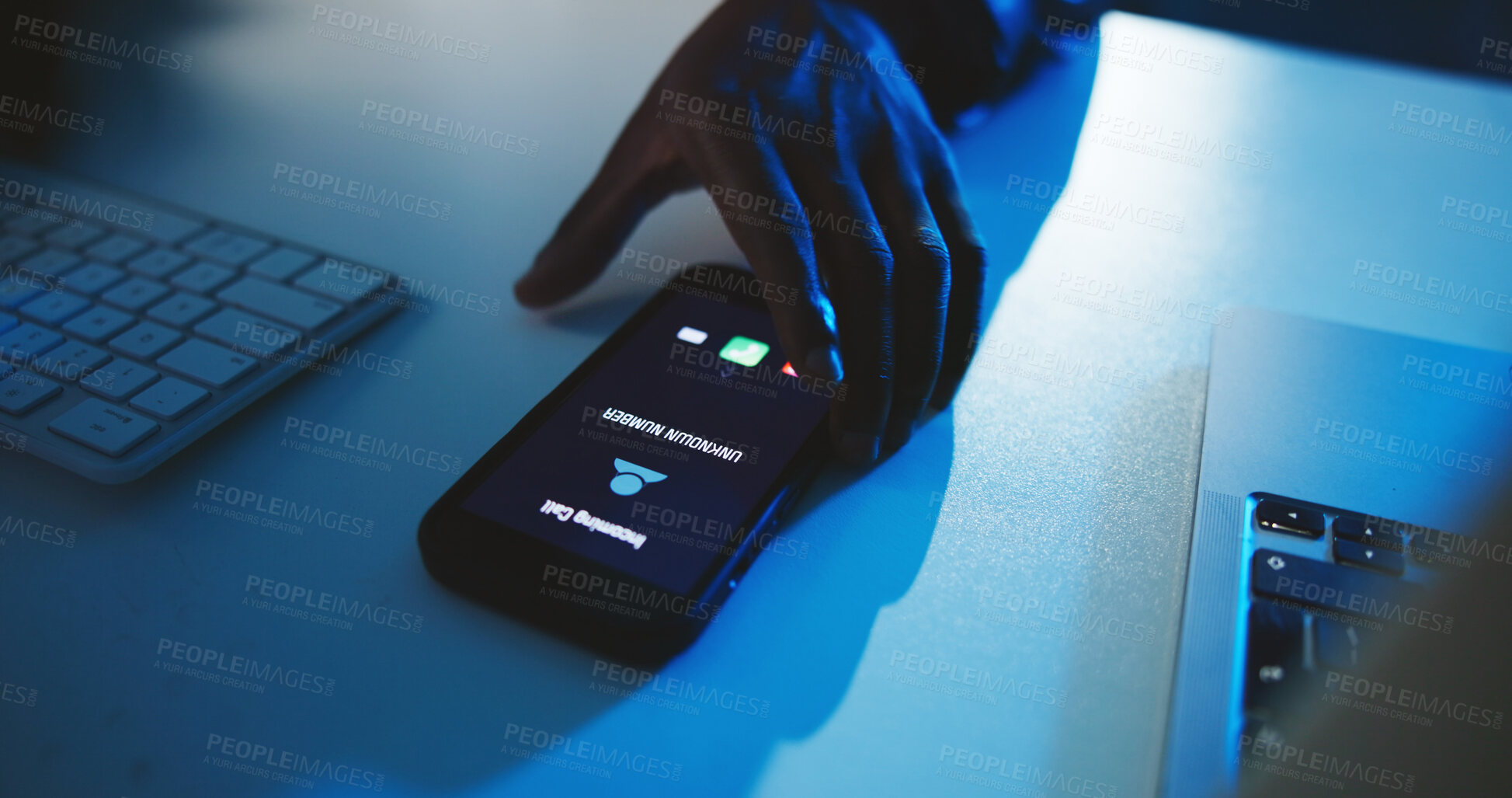 Buy stock photo Incoming call, phone screen and hand with unknown number communication icon for phishing scam contact. Mobile connection, night and hacker with digital graphic, user and technology for anonymous ID