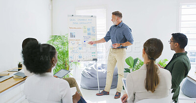 Buy stock photo Man, presentation and discussion at meeting with board for equity review, graphs or stats. Mature person, speaker and point for planning, team and sales strategy with feedback for debt at office