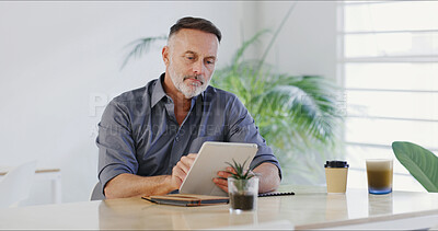 Buy stock photo Editor, office and mature man on tablet for proofreading, review or news report in agency. Creative, story and journalist editing in startup for magazine blog, article and research with technology