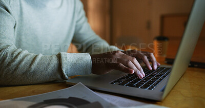 Buy stock photo Night, office and hands of person on laptop for keyboard, review or news report in agency. Evening, story and journalist editing in startup for magazine blog, article and research with technology