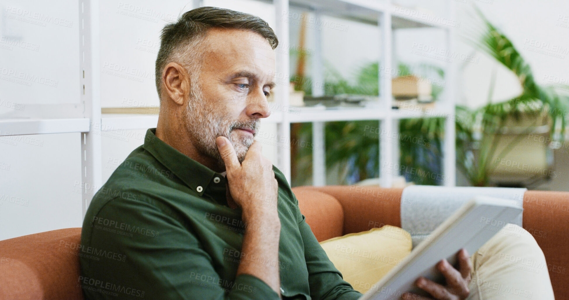 Buy stock photo Tablet, thinking and sofa with business man in office for project checklist, event manager and reflection. Program schedule, planning and email guest list with mature person for idea and vision