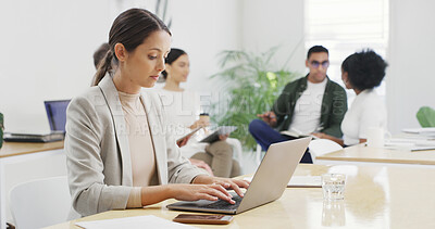 Buy stock photo Typing, workplace or businesswoman with laptop for copywriting, news or research project. Startup, coworking or copywriter in creative office for article post, email marketing and networking online 