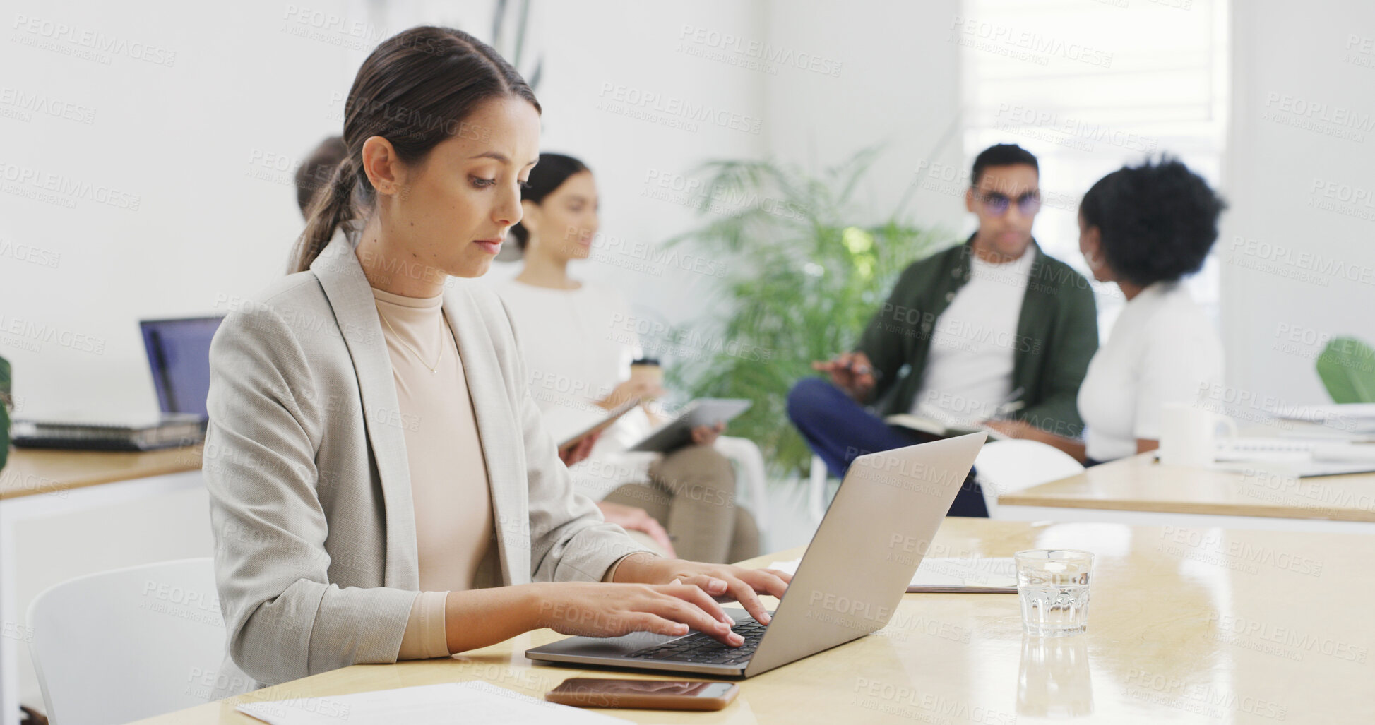 Buy stock photo Typing, workplace or businesswoman with laptop for copywriting, news or research project. Startup, coworking or copywriter in creative office for article post, email marketing and networking online 
