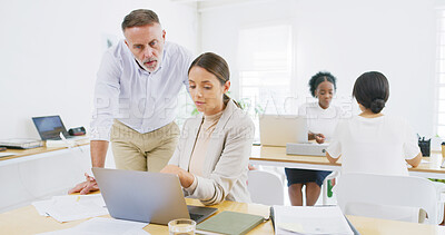 Buy stock photo Laptop, mentor and pointing with business people in office for design briefing, internship program or help. Project research, branding intern and man with woman for portfolio coaching and team