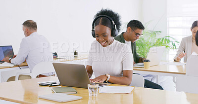 Buy stock photo Smile, headphones or woman in coworking space with laptop, consultation or advice in office. Happy, virtual assistant or female person in insurance with technology, customer service or client support