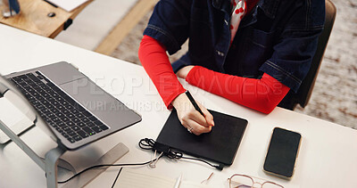 Buy stock photo Hand, graphic tablet and woman with top view in office for design, sketch or cartoon artist. Above, technology or worker with drawing pad for creative, digital art or animation software for business