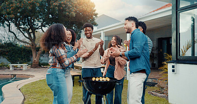 Buy stock photo Friends, people and applause at barbecue at house, social gathering or reunion with cheering for food outdoor. Clapping hands, success and preparing meal for BBQ, corn and bonding in backyard