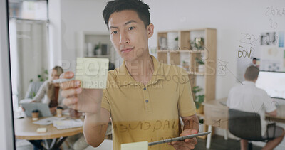 Buy stock photo Sticky note, planning and business man with tablet, schedule or agenda for brand consultant. Tech, glass wall and person with creative brainstorming, campaign strategy and coworking in office