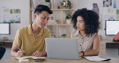 Buy stock photo Creative, meeting and people with laptop, online or performance review of digital ads and discussion. Media buyer, planning and collaboration with tech for project, strategy and campaign on website