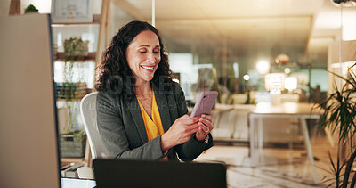 Buy stock photo Night, employee and woman with smartphone, texting and communication with client for financial help. Happy, networking and person with mobile for chat, wealth manager and working late with tech
