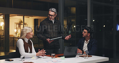 Buy stock photo Business people, tablet and planning at night for brainstorming, schedule or project deadline. Group, employees or team working late with technology for creative development or agenda in office