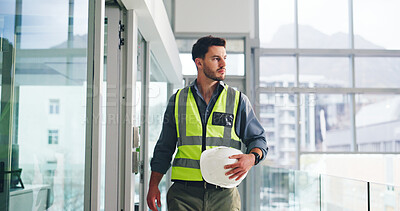 Buy stock photo Engineer, construction site and man for urban planning, thinking or decision for architecture development. Inspection, insight and contractor with helmet, project management or civil engineering