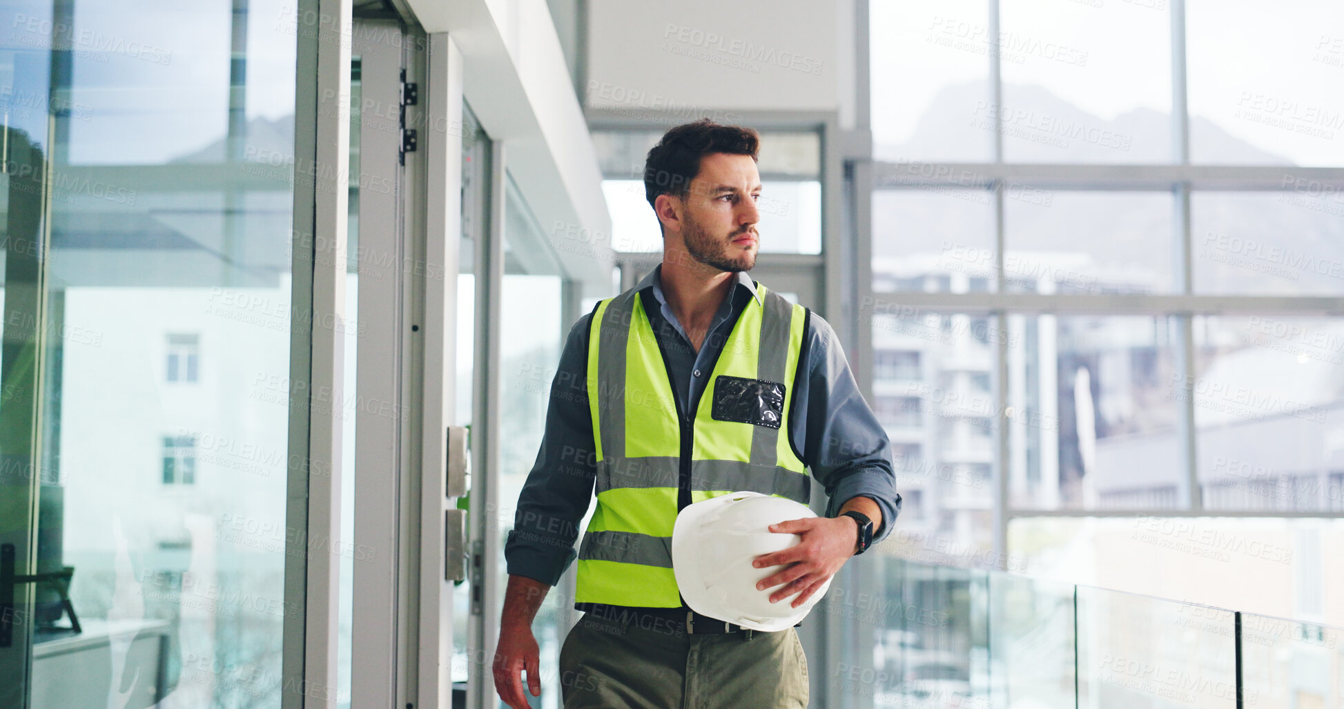 Buy stock photo Engineer, construction site and man for urban planning, thinking or decision for architecture development. Inspection, insight and contractor with helmet, project management or civil engineering
