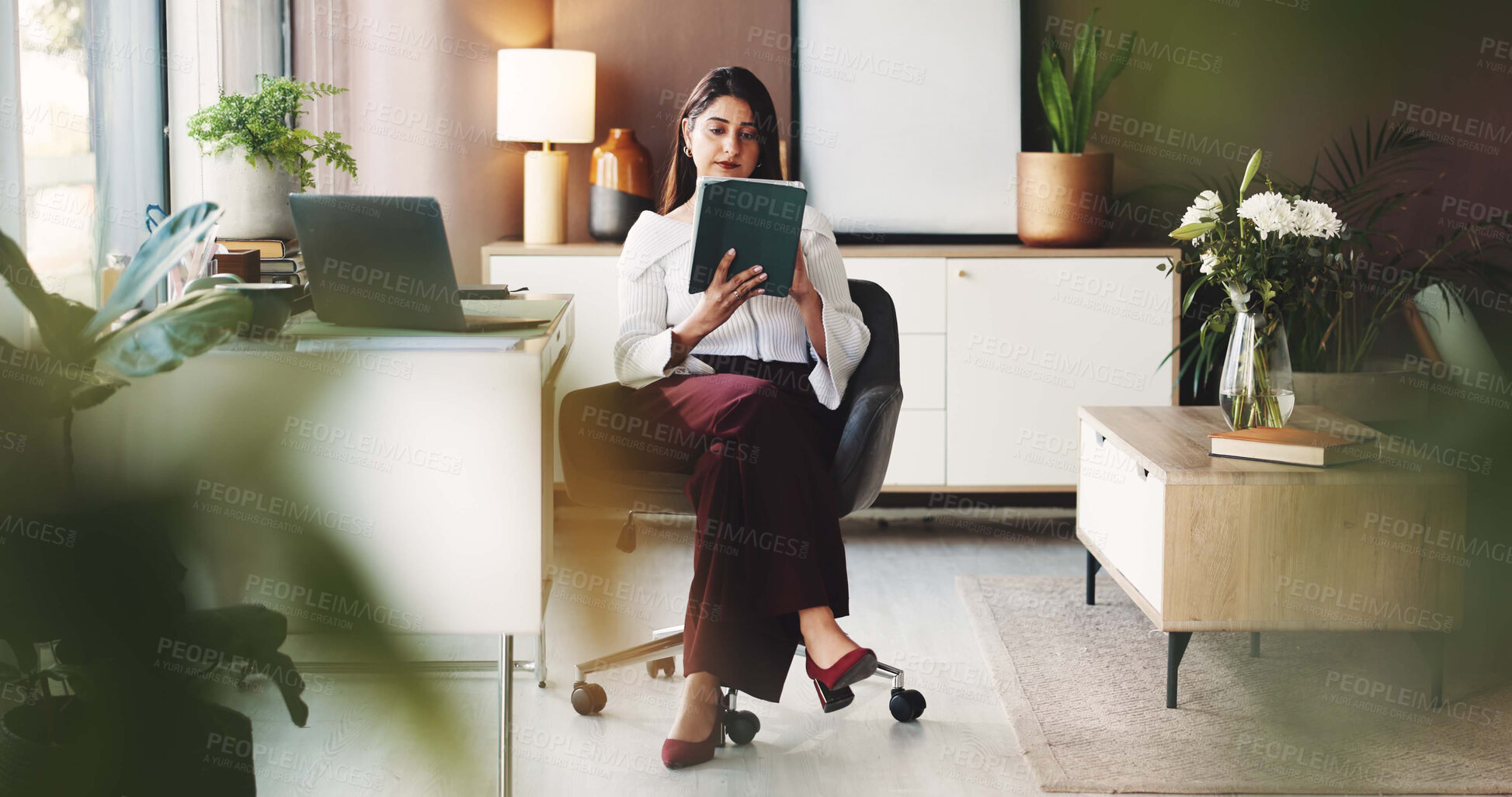 Buy stock photo Woman, florist and smell with pot plant in office for eco friendly environment or natural growth. Female person, floral designer or aroma with scent for interior decor or sustainability in workplace