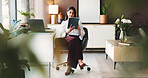 Business woman, florist and research with tablet for sustainable or eco friendly development. Female person, freelancer or floral designer with technology for online app, checklist or natural growth