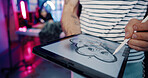 Person, hands or tattoo artist with tablet screen for digital art or creative drawing in store. Designer, writing or sketching with pen, technology or heart for design process in body shop or parlor