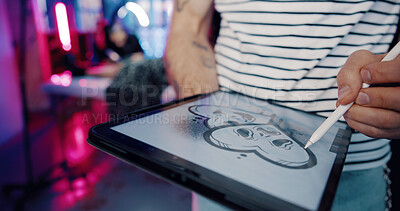 Buy stock photo Person, hands or tattoo artist with tablet screen for digital art or creative drawing in store. Designer, writing or sketching with stylus, tech or heart for design process in body shop or parlor