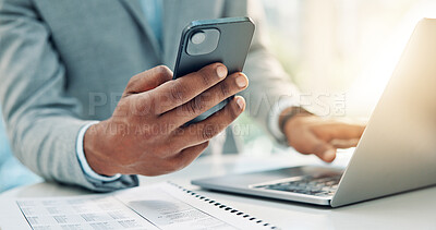 Buy stock photo Hands, phone and business man with laptop for accounting, tax report or financial notification. Computer, mobile and accountant in office with email for audit review, payroll information and budget