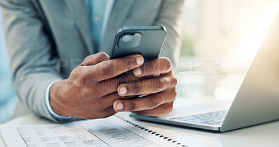 Buy stock photo Hands, smartphone and business man in office for accounting, tax report or financial notification. Person, mobile and accountant in company with email for audit review, payroll information and budget