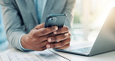 Buy stock photo Hands, smartphone and business man in company for accounting, tax report or financial notification. Person, mobile and accountant in office with email for audit review, payroll information and budget