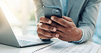 Hands, smartphone and business person in office for accounting, tax report or financial notification. Man, mobile and accountant in company with email for audit review, payroll information and budget