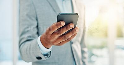 Buy stock photo Hands, business and man with phone in office for research, stock market and trading online. Male person, mobile and reading for cryptocurrency, exchange rates and economic update for investment forum