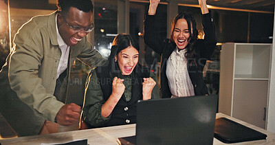 Buy stock photo Night, celebration and business people in office, laptop and financial agency with trading success. Evening, team or man with women, computer or excited with achievement, investment or profit growth