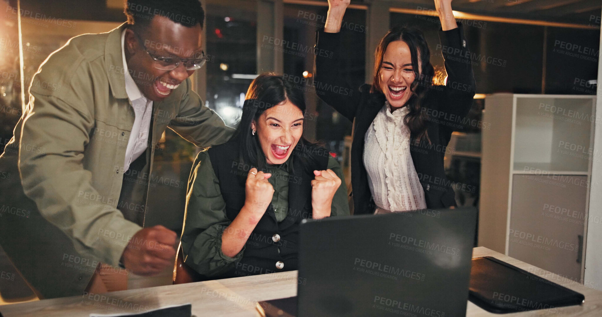 Buy stock photo Night, celebration and business people in office, laptop and financial agency with trading success. Evening, team or man with women, computer or excited with achievement, investment or profit growth