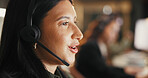 Business woman, agent and night with headset for online advice or customer service in office. Female person, consultant or working late with mic for virtual assistance, support or help in workplace