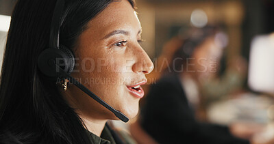 Buy stock photo Business woman, agent and night with headset for online advice or customer service in office. Female person, consultant or working late with mic for virtual assistance, support or help in workplace