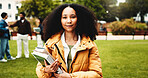 Woman, portrait and student with books in park for knowledge, education or learning in university. Female person, scholar or academic learner with smile for college scholarship or tuition in nature