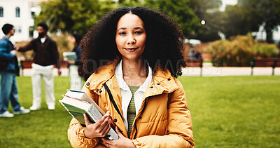 Buy stock photo Woman, portrait and student with books in park for knowledge, education or learning in university. Female person, scholar or academic learner with smile for college scholarship or tuition in nature
