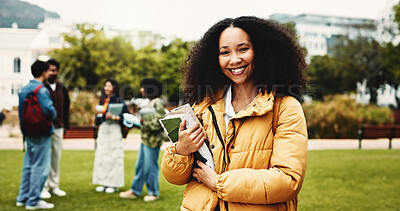 Buy stock photo Portrait, student or woman on campus with textbook for college scholarship, education or english degree. Happy, person outdoor or books at university for literature study, knowledge or academic goals