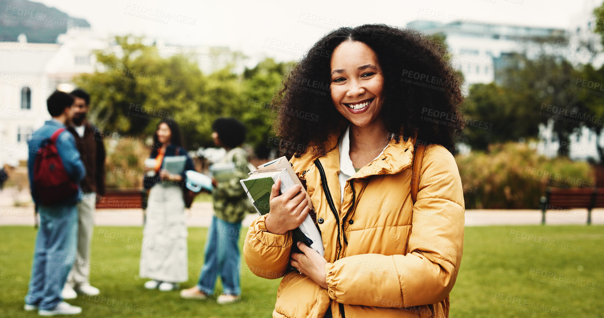 Buy stock photo Portrait, student or woman on campus with textbook for college scholarship, education or english degree. Happy, person outdoor or books at university for literature study, knowledge or academic goals