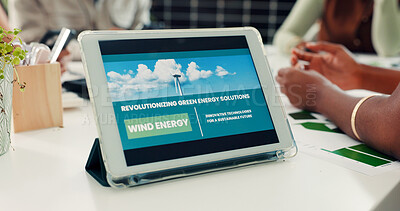 Buy stock photo Clean energy, tablet screen or hands of people in meeting, wind project or accountability plan. Sustainable business, renewable resources or team with ideas for carbon footprint, tech or eco friendly