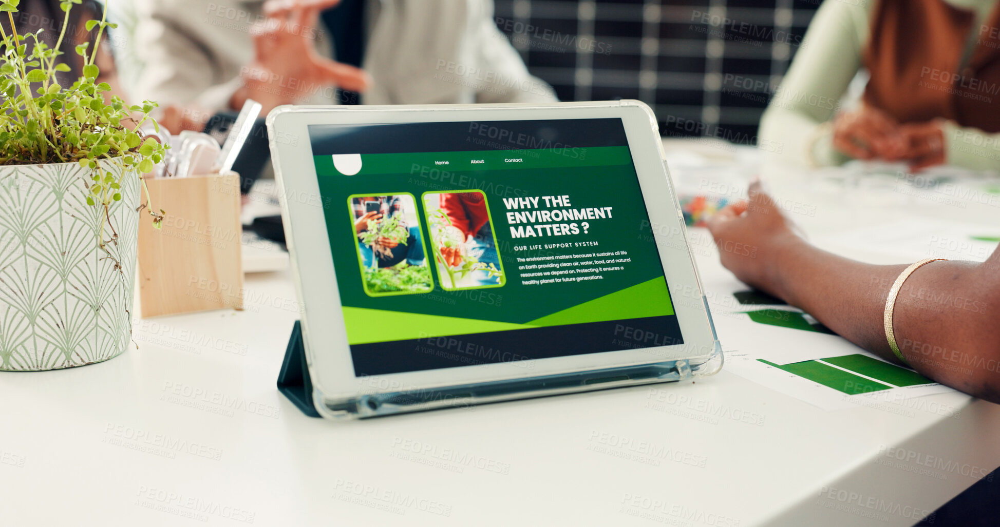 Buy stock photo Green project, tablet screen or hands of team in meeting, sustainable business or accountability. Recycle plan, save environment or people with ideas for carbon footprint, tech or eco friendly office