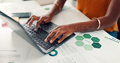 Buy stock photo Hands, person and typing on laptop in office with solar panel, research and grid planning. Woman, pc and email client for photovoltaic installation, sustainable solution and information for project