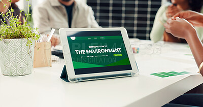 Buy stock photo Sustainable business, tablet screen or hands of team in meeting, accountability or recycle plan. Green project, renewable energy or people with ideas for carbon footprint, tech or eco friendly office