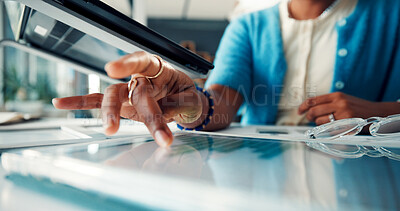 Buy stock photo Tablet, chart and hands of business woman on screen for research, finance analysis and budget. Professional, office and worker on digital tech with graph, statistics and info for financial report