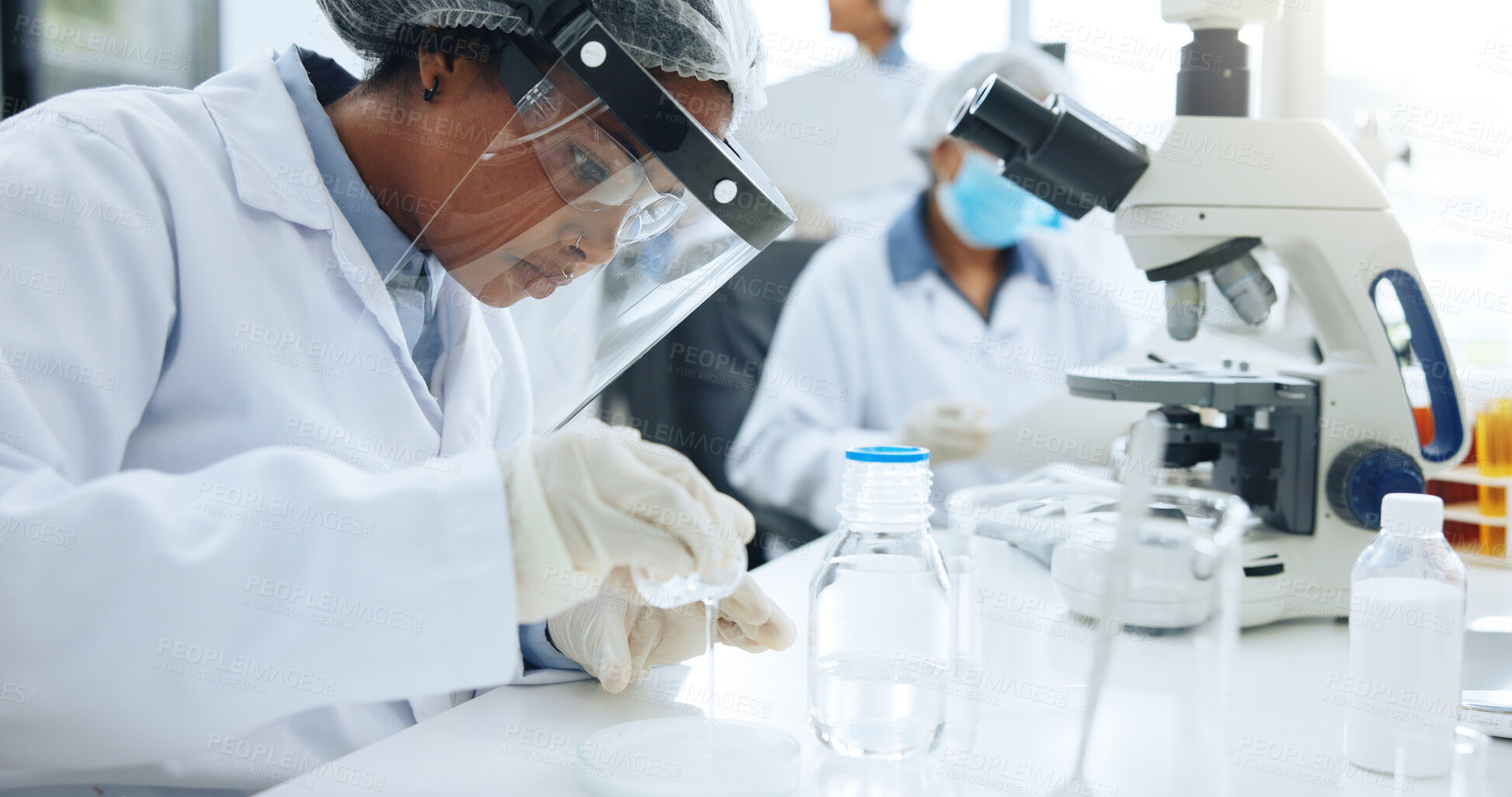 Buy stock photo Beaker, experiment and science with woman in laboratory for medical development or research. Chemical reaction, observation and pouring with doctor at work on clinical trial for investigation