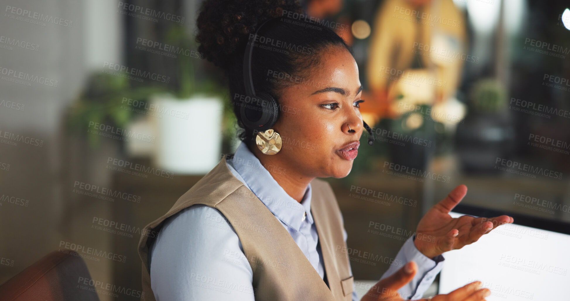 Buy stock photo Contact us, woman and consultant speaking in call center for help desk, support or feedback at night. Customer service, agent and talking in office for virtual assistance, crm or advice on overtime