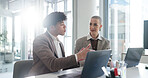 Conversation, review and tablet with business people in office for collaboration or development. Feedback, planning and technology with corporate employee team in workplace for project management