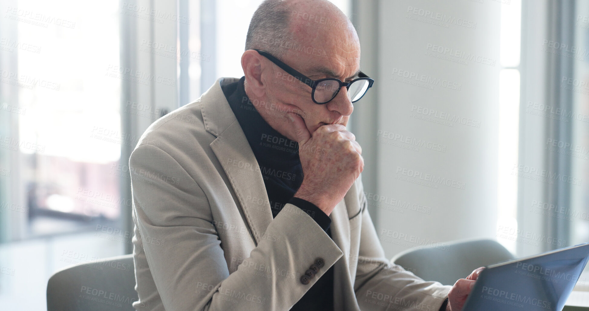 Buy stock photo Thinking, business and mature man with laptop for research, planning and finance report. Person, vision and pc for financial audit, review budget and problem solving for investment proposal in office