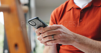 Buy stock photo Man, hands and typing with phone in home for social media post, internet search and email notification. Person, browsing and tech in apartment with mobile app, text message and online communication.